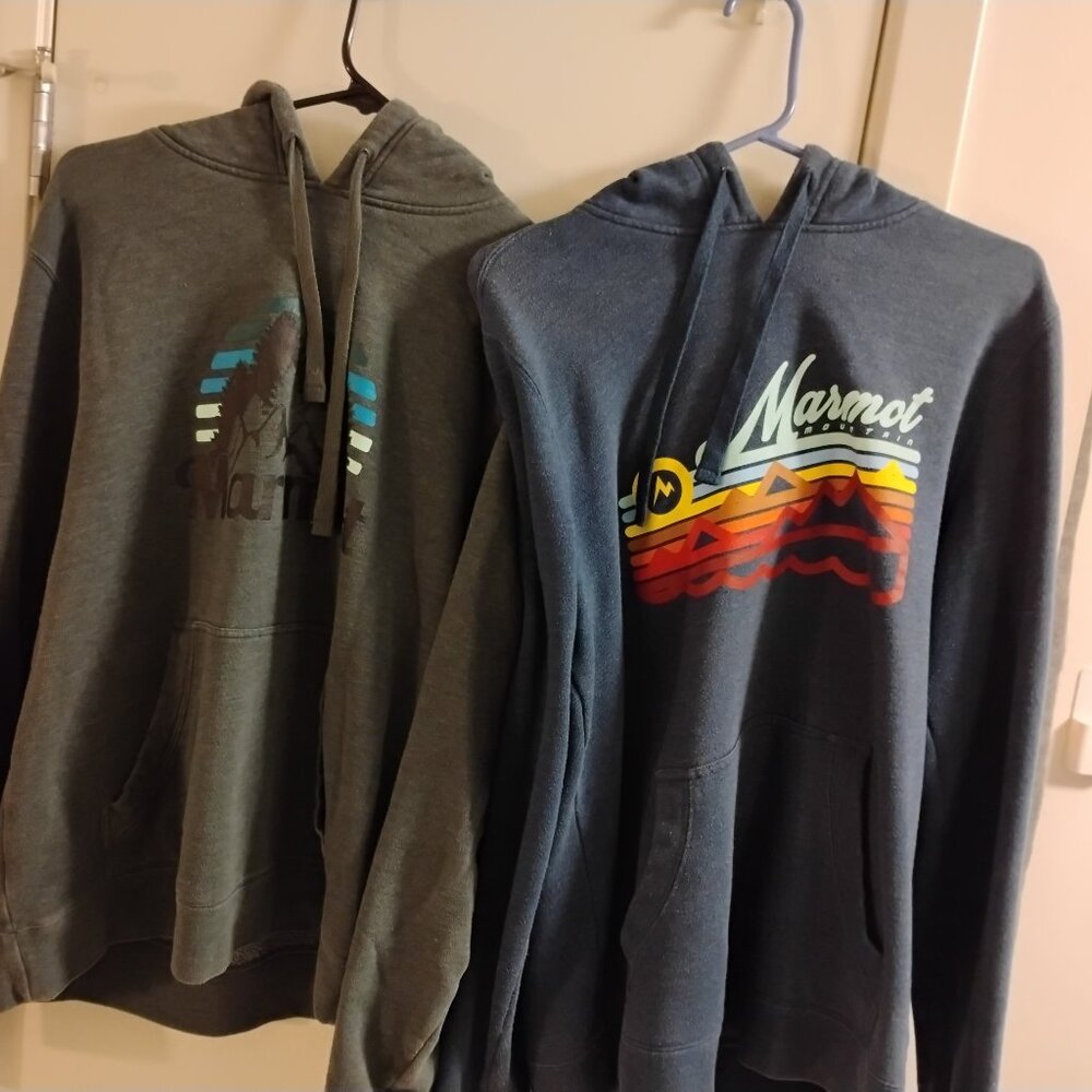 Pair Marmot Men’s Hooded Sweatshirt Hoody Size M Dark Grey and Blue